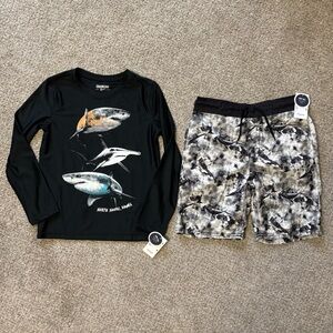 Oshkosh boys swim trunk rash guard set size 8 NWT black shark